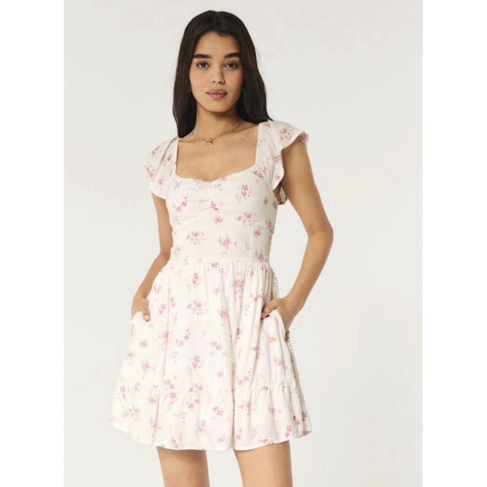 Hollister Mini Skort Dress Womens XL Floral Flutter Sleeve Sweetheart Neck